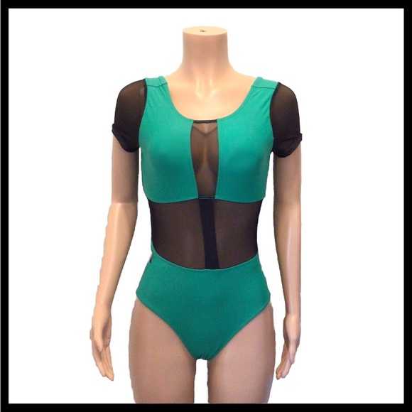 Kandi Kouture Green/Black Short Sleeve Sheer Panel Dance Leotard Size TM - Picture 1 of 9